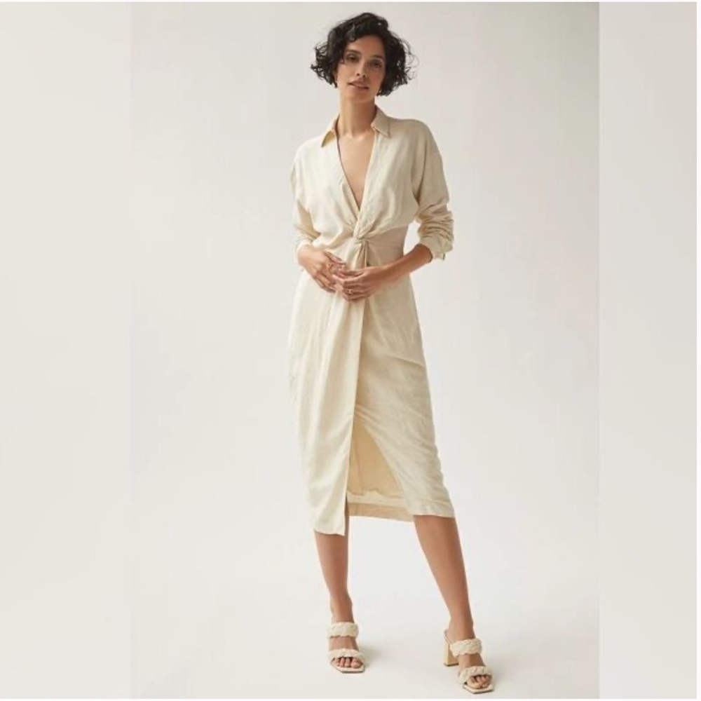 Anthropologie Cream V-neck Midi Dress size 8